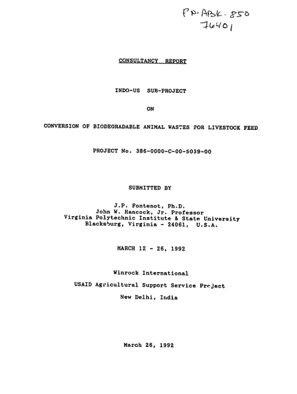Consultancy report : INDO - US sub-project on conversion of biodegradable animal wastes for livestock feed