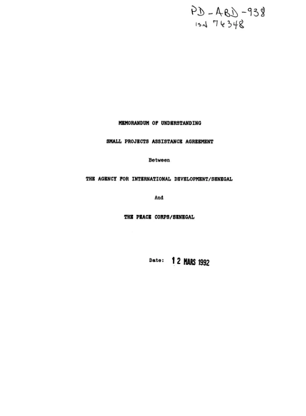 Memorandum of understanding : small projects assistance agreement between the Agency for International Development/Senegal and the Peace Corps/Senegal