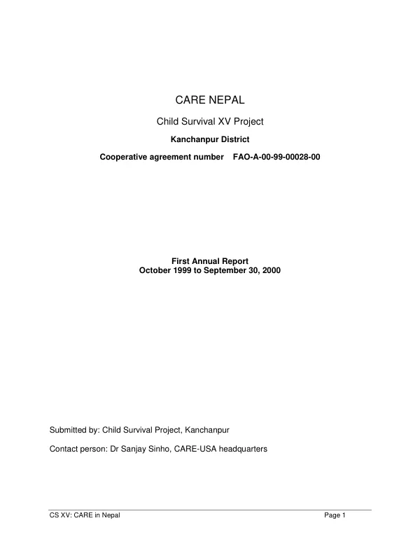 CARE Nepal : child survival XV project, Kanchanpur District -- cooperative agreement number FAO-A-00-99-00028-00 : first annual report -- October 1999 to September 30, 2000