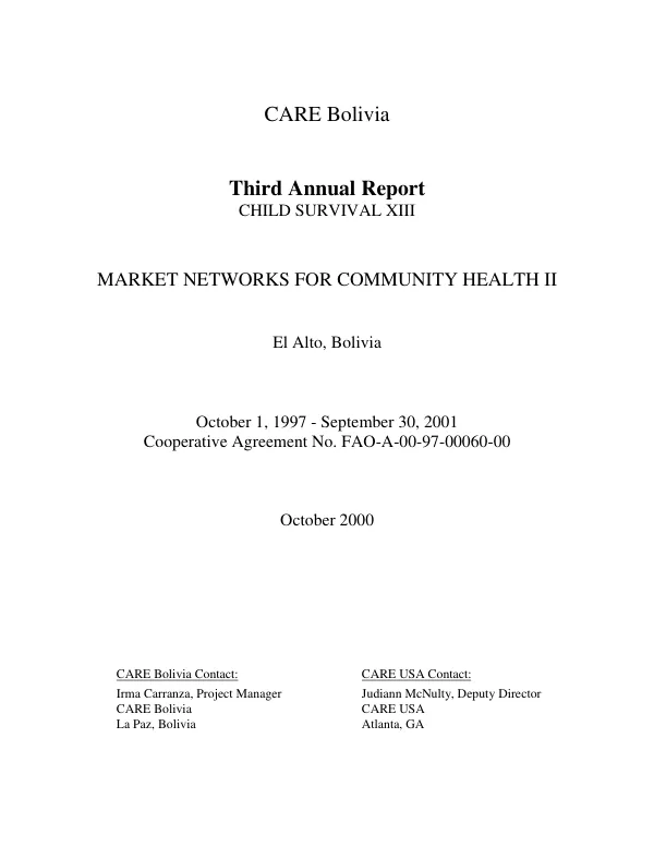 CARE Bolivia : third annual report -- child survival XIII : market networks for community health II, El Alto, Bolivia -- October 1, 1997-September 30, 2001 : cooperative agreement no. FAO-A-00-97-00060-00