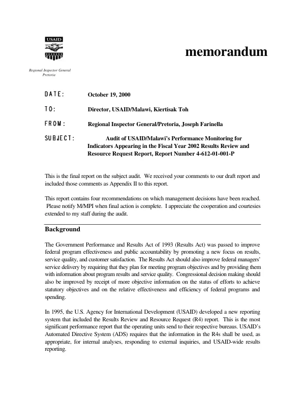 Audit of USAID/Malawi"s performance monitoring for indicators appearing in the FY 2002 results review and resource request (R4) report