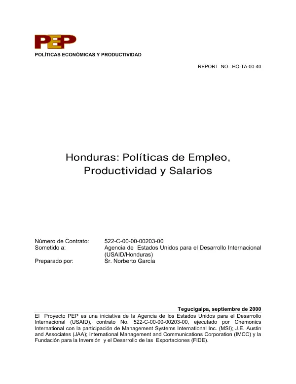 Honduras : politicas de empleo, productividad y salarios