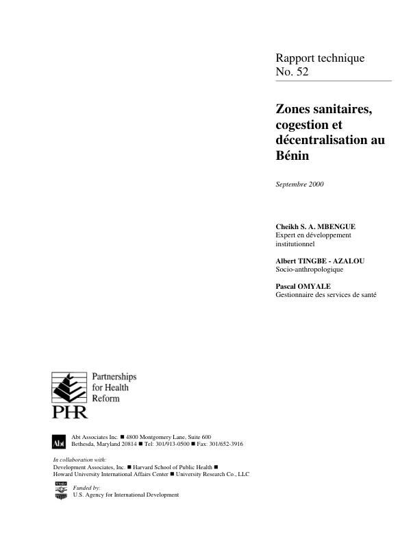Zones sanitaires, cogestion et decentralisation au Benin