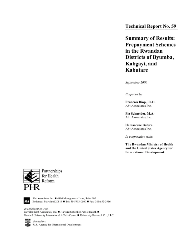Summary of results : prepayment schemes in the Rwandan districts of Byumba, Kabgayi, and Kabutare