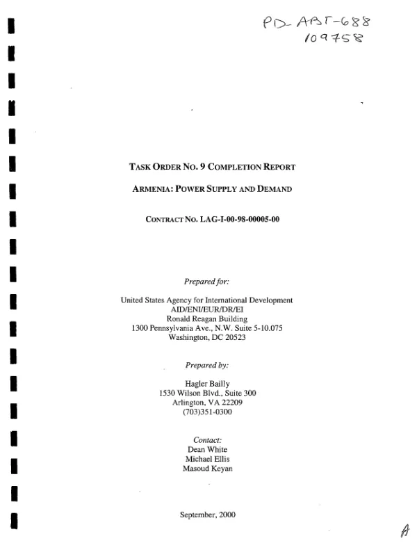 Task order no. 9 completion report : Armenia -- power supply and demand : contract no. LAG-I-00-98-00005-00