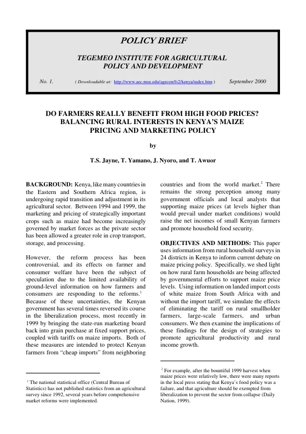 Do farmers really benefit from high food prices? : balancing rural interests in Kenya"s maize pricing and marketing policy