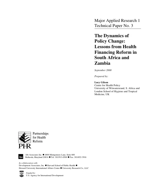 The dynamics of policy change : lessons from health financing reform in South Africa and Zambia