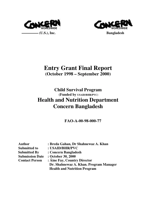 Concern Bangladesh : entry grant final report (October 1998 - September 2000) -- child survival program, health and nutrition department