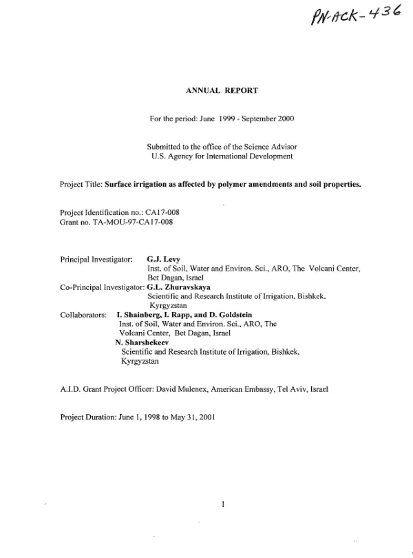 Annual report for the period June 1999-September 2000 : surface irrigation as affected by polymer amendments and soil properties