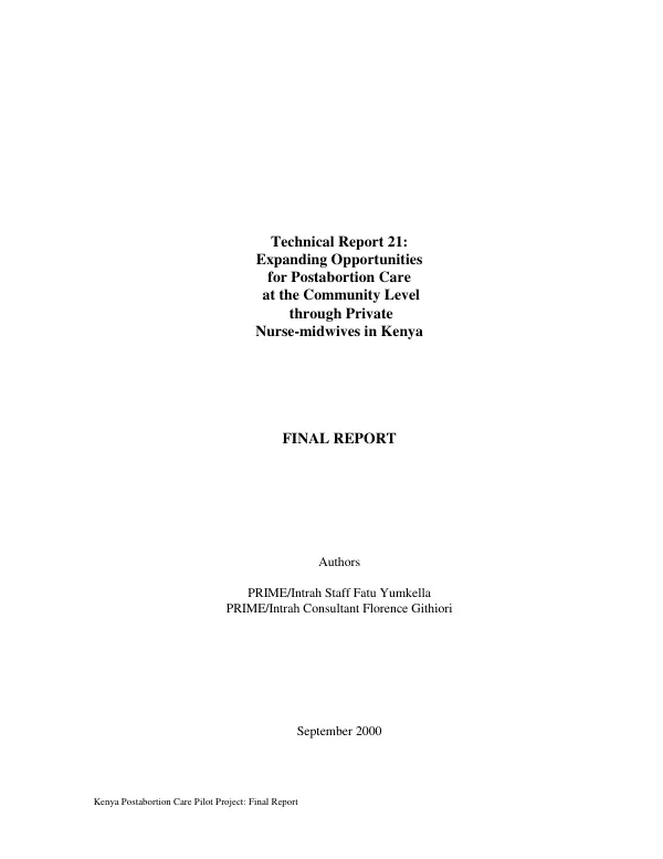 Expanding opportunities for postabortion care at the community level through private nures-midwives in Kenya : final report