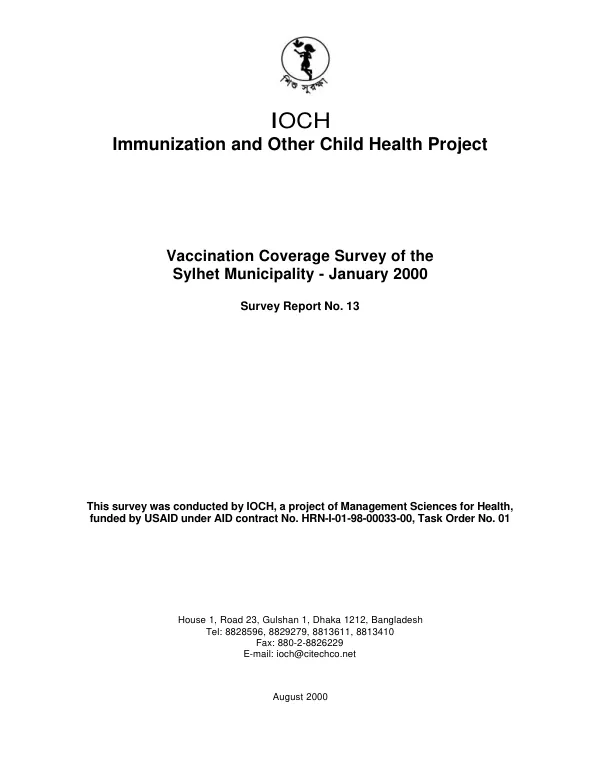 Vaccination coverage survey of the Sylhet Municipality, January 2000