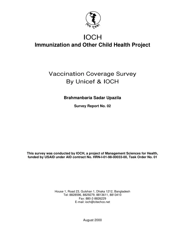 Vaccination coverage survey by UNICEF & IOCH : Brahmanbaria Sadar Upazila