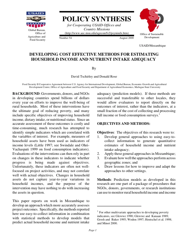 Developing cost effective methods for estimating household income and nutrient intake adequacy