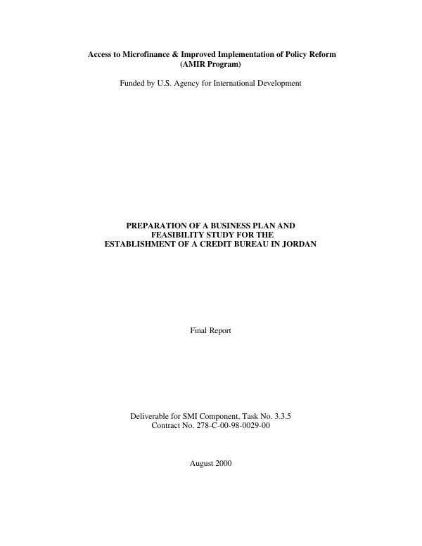Preparation of a business plan and feasibility study for the establishment of a credit bureau in Jordan : final report