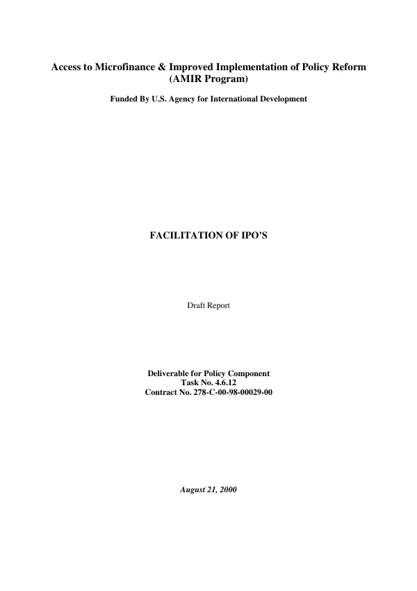 Facilitation of IPO"s [initial public offerings] : draft report