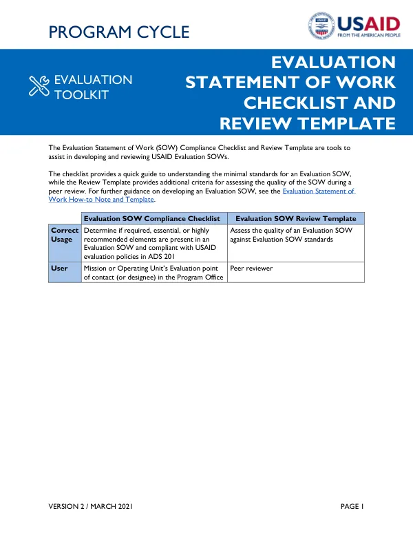 Evaluation Statement of Work Checklist and Review