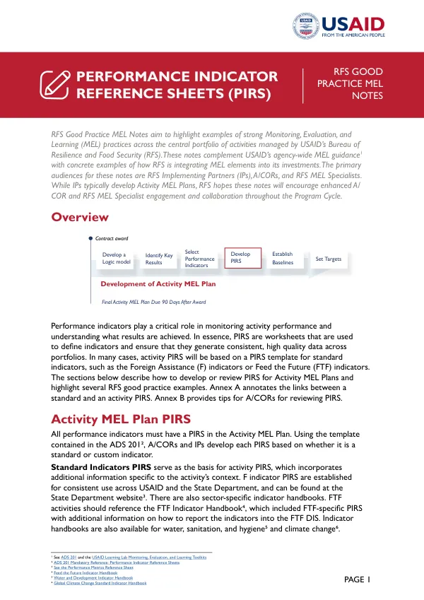 Performance Indicator Reference Sheets (PIRS)