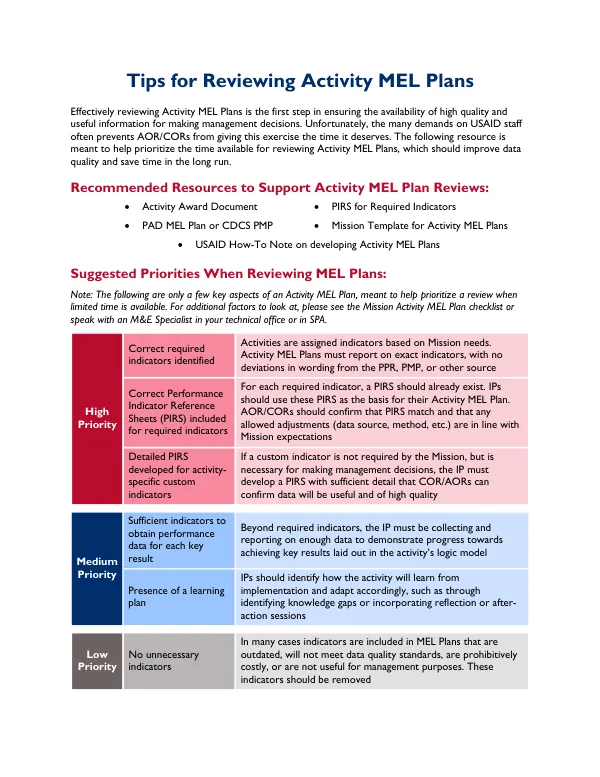 Tips for Reviewing Activity MEL Plans
