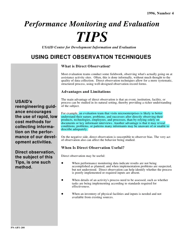 Performance Monitoring And Evaluation Tips: Using Direct Observation Techniques