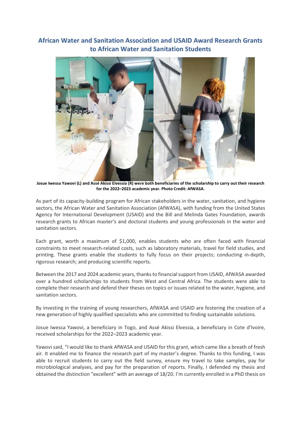 African Water and Sanitation Association and USAID Award Research Grants to African Water and Sanitation Students