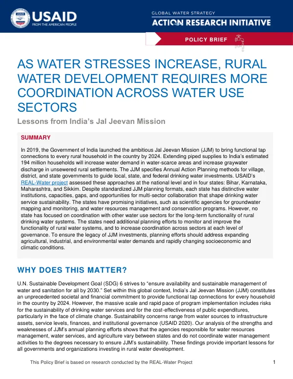 As Water Stresses Increase, Rural Water Development Requires More Coordination Across Water Use Sectors: Lessons from India’s Jal Jeevan Mission