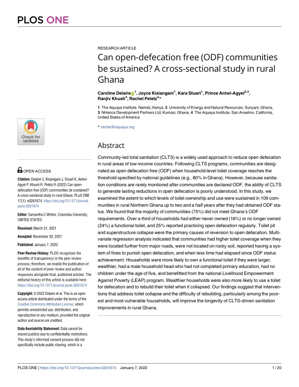 Can open-defecation free (ODF) communities be sustained? A cross-sectional study in rural Ghana