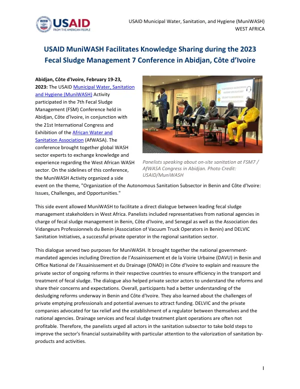 USAID MuniWASH Facilitates Knowledge Sharing during the 2023 Fecal Sludge Management 7 Conference in Abidjan, Côte d’Ivoire