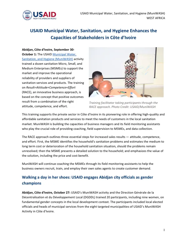 USAID Municipal Water, Sanitation, and Hygiene Enhances the Capacities of Stakeholders in Côte d’Ivoire