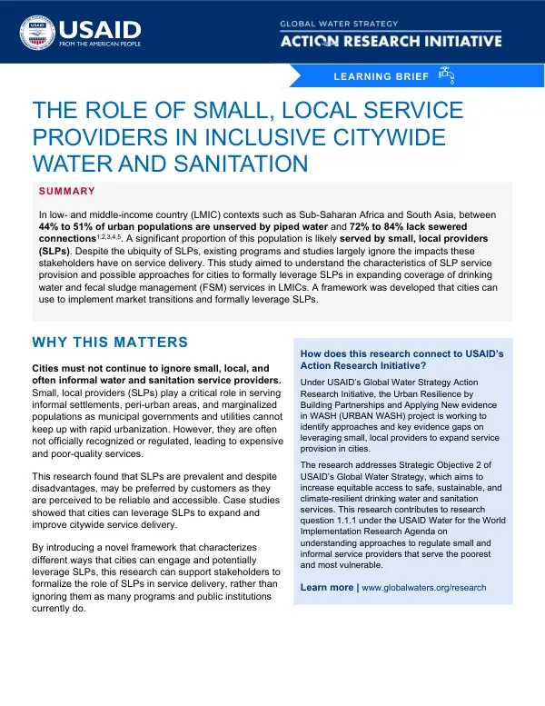 The Role of Small, Local Service Providers in Inclusive Citywide Water and Sanitation