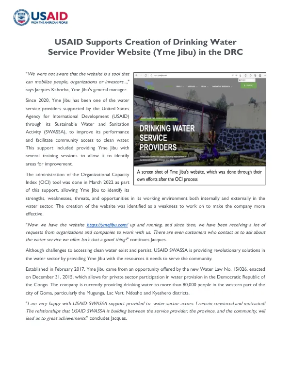 USAID Supports Creation of Drinking Water Service Provider Website (Yme Jibu) in the DRC