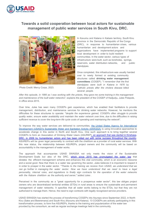Towards a solid cooperation between local actors for sustainable management of public water services in South Kivu, DRC.
