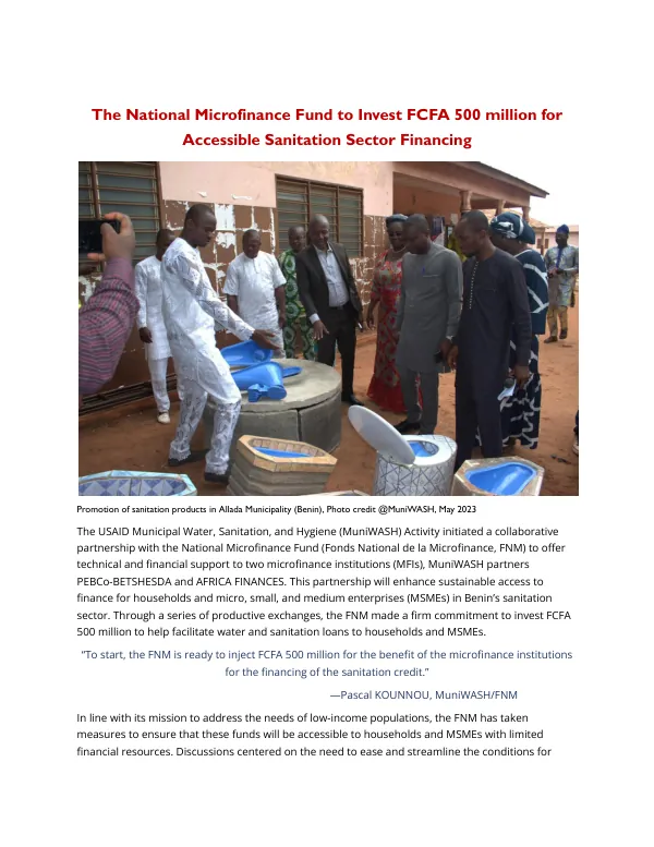 The National Microfinance Fund to Invest FCFA 500 million for Accessible Sanitation Sector Financing
