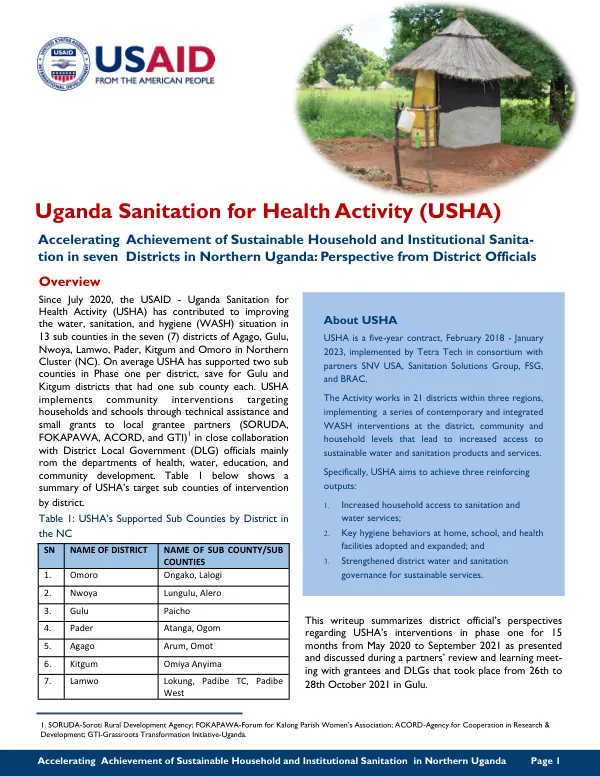Accelerating Achievement of Sustainable Household and Institutional Sanitation in seven Districts in Northern Uganda: Perspective from District Officials