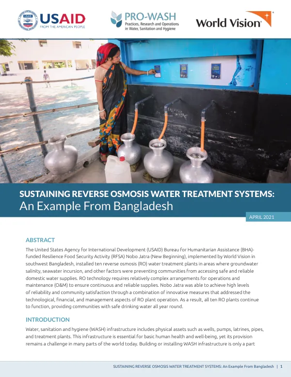 Sustaining Reverse Osmosis Water Treatment Systems: An Example from Bangladesh