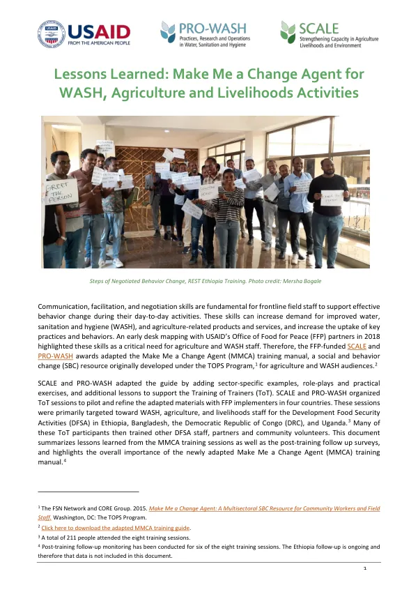 Lessons Learned: Make Me a Change Agent for WASH, Agriculture and Livelihoods Activities