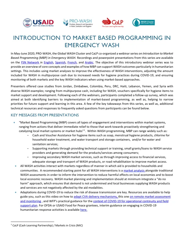 Introduction to Market Based Programming in Emergency WASH Summary Documents