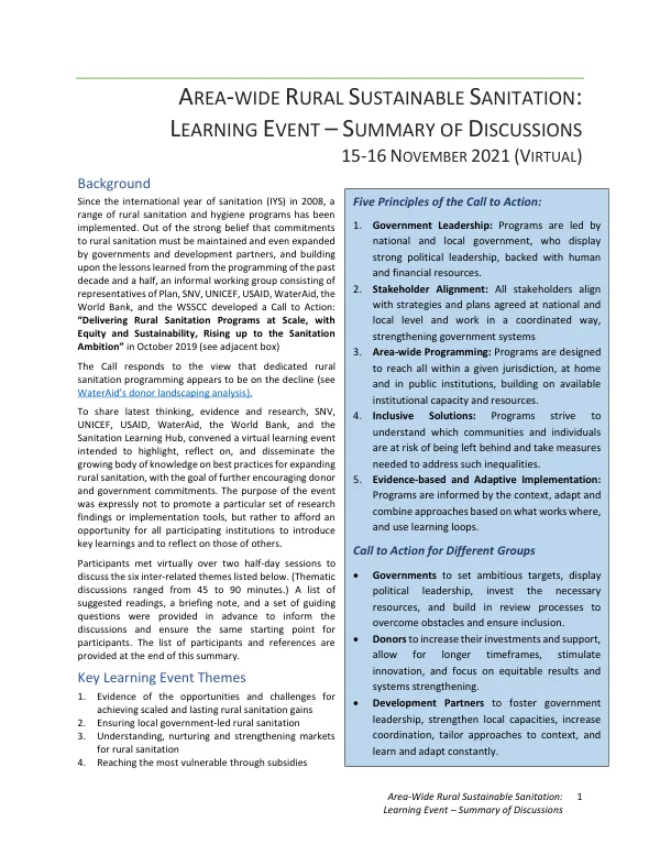 Area-wide Rural Sustainable Sanitation: Learning Event - Summary of Discussions
