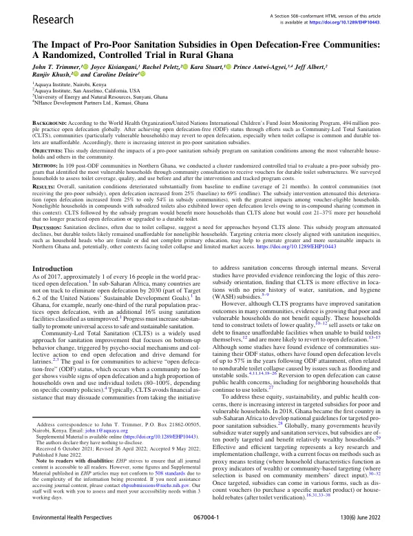 The Impact of Pro-Poor Sanitation Subsidies in Open Defecation-Free Communities: A Randomized, Controlled Trial in Rural Ghana