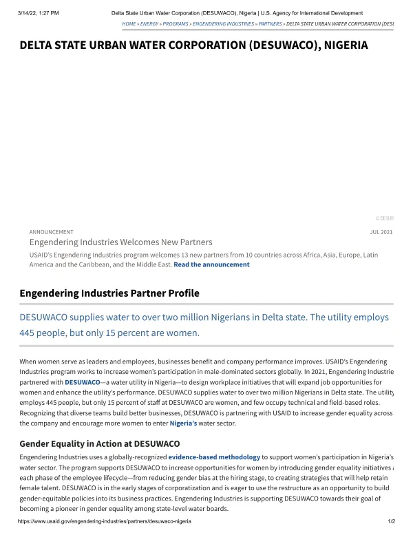 Delta State Water Corporation Nigeria: Engendering Industries Partner Profile