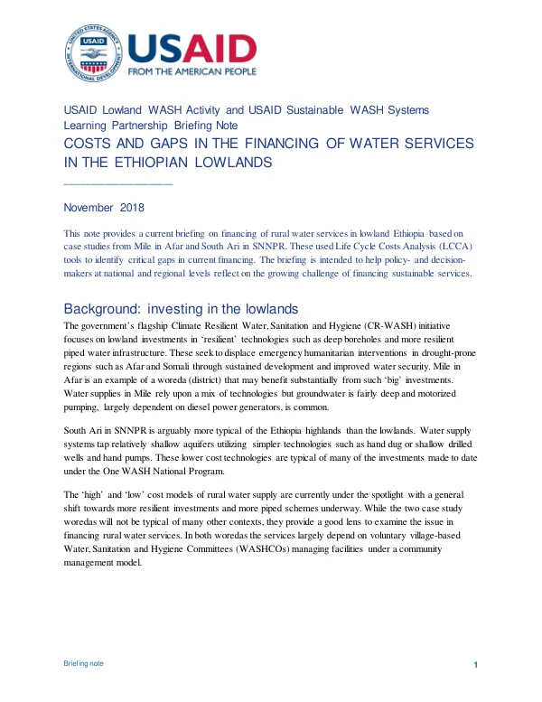 Costs And Gaps In The Financing Of Water Services In The Ethiopian Lowlands