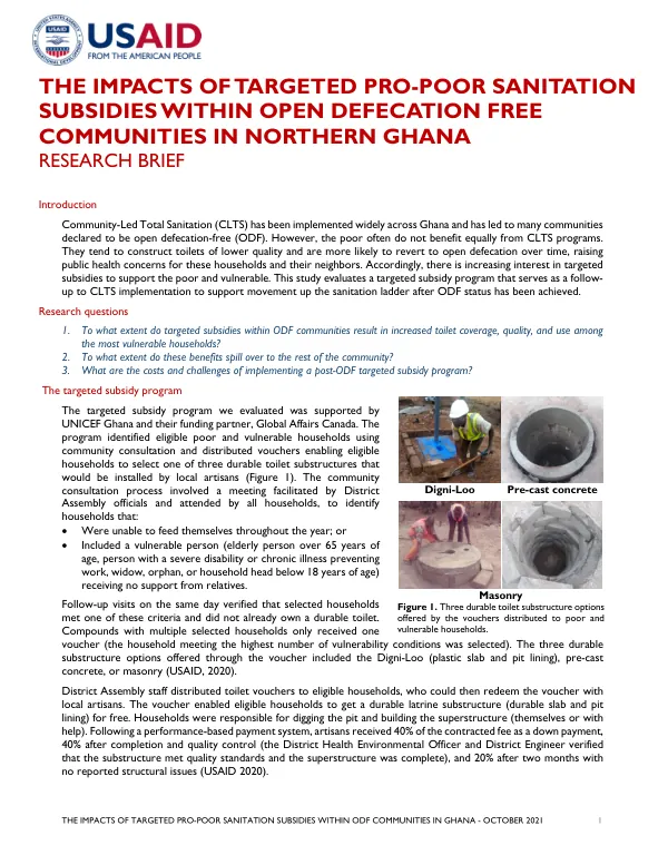 The Impacts of Targeted Pro-Poor Sanitation Subsidies within Open Defecation Free Communities in Northern Ghana