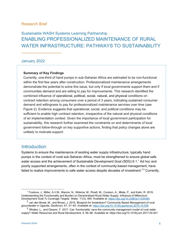 Enabling Professionalized Maintenance of Rural Water Infrastructure: Pathways to Sustainability