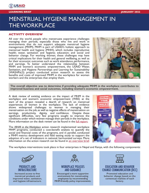 Menstrual Hygiene Management in the Workplace: Learning Brief