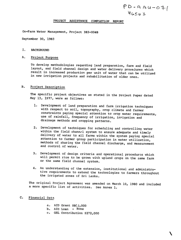 Project assistance completion report : on-farm water management, project 383-0048 [i.e. 0042]