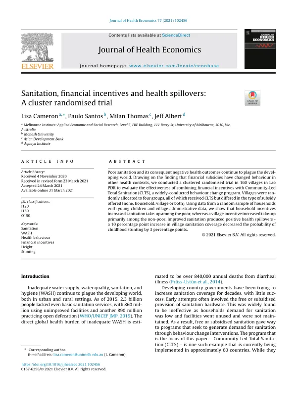 Sanitation, financial incentives and health spillovers: A cluster randomised trial