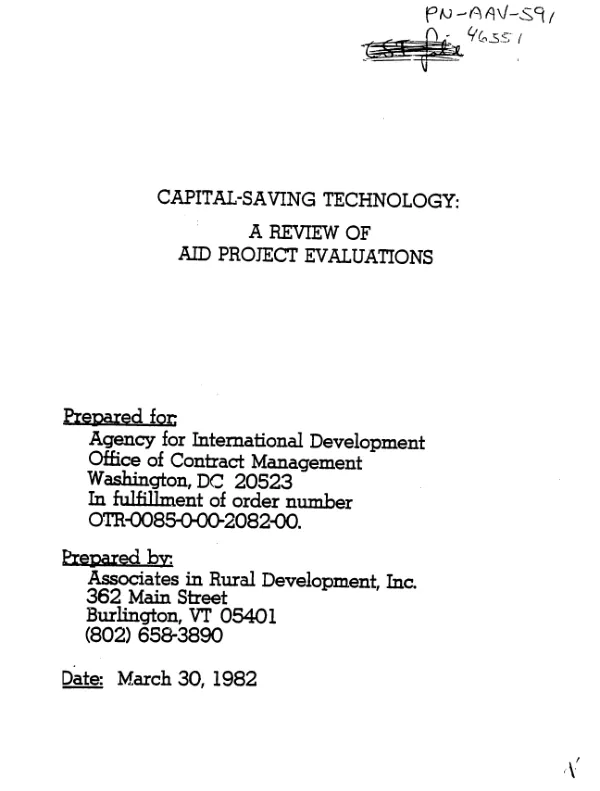 Capital - saving technology : a review of AID project evaluations