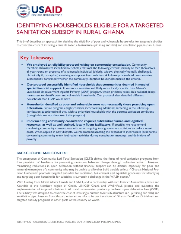 Identifying Households Eligible for a Targeted Sanitation Subsidy in Rural Ghana - Technical Brief