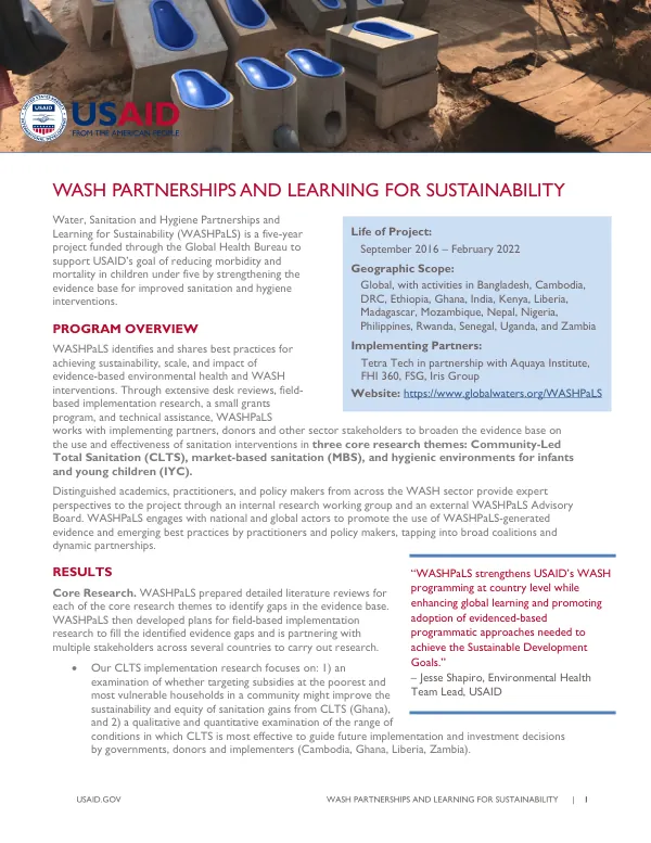 Water, Sanitation and Hygiene Partnerships and Learning for Sustainability (WASHPaLS) Fact Sheet