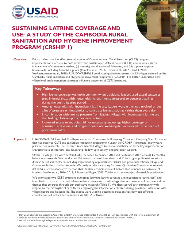 Sustaining Latrine Coverage and Use: A Study of the Cambodia Rural Sanitation and Hygiene Improvement Program (CRSHIP I)