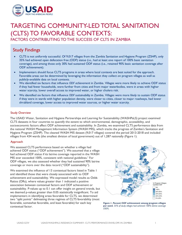 Targeting Community-Led Total Sanitation (CLTS) to Favorable Contexts: Factors Contributing to the Success of CLTS in Zambia